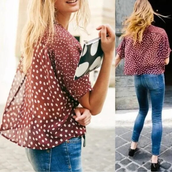 Madewell 100% Silk Prose Top in Burgundy Paintdot Brush S - Picture 2 of 6